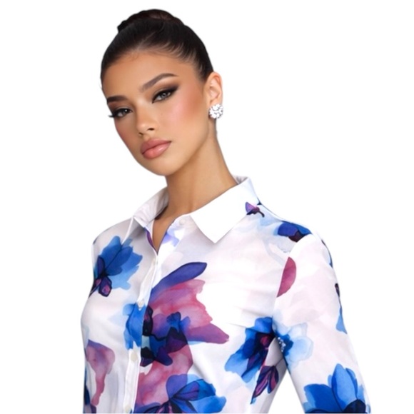 Banana Republic Sheer Floral Chiffon Button Up Blouse Blue White Women S - Picture 2 of 8